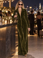 Stylish And Simple Olive Green Velvet Long-sleeved Wide-leg Jumpsuit