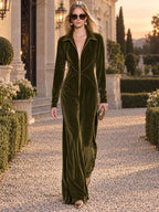 Stylish And Simple Olive Green Velvet Long-sleeved Wide-leg Jumpsuit