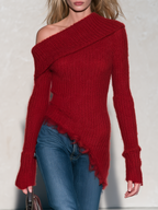 Retro Elegant Red Asymmetric Shoulder Frayed Hem Going-Out Top