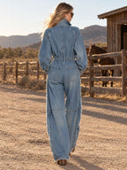 Fashionable Retro Frayed Faded Blue Denim Long-sleeved Wide-leg Jumpsuit