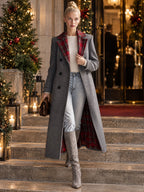 Classic Retro Red Plaid Lapel Grey Double-breasted Long Coat