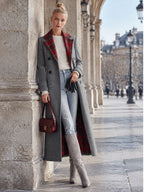 Classic Retro Red Plaid Lapel Grey Double-breasted Long Coat