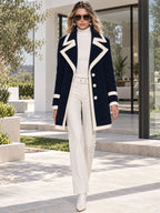 Casual Retro PU Trim Navy Blue Fleece Coat