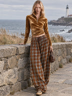 Retro Elegant Gold Velvet Stand-Collar Zip Top And Plaid Print Loose Wide-Leg Trousers Set