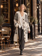 Stylish And Warm White Geometric-Pattern Knit Cardigan
