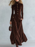 Premium Minimalist Brown Button-Detail High-Neck Velvet Maxi Dress