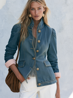 Puff Shoulder Denim Military Jacket With Gold Buttons