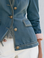 Puff Shoulder Denim Military Jacket With Gold Buttons