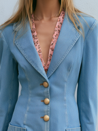 Light Wash Denim Blazer Mini Dress With Gold Buttons