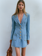 Light Wash Denim Blazer Mini Dress With Gold Buttons