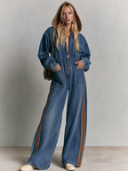Hooded Wide Leg Denim Jumpsuit With Side Stripes