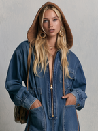 Hooded Wide Leg Denim Jumpsuit With Side Stripes