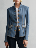 Tailored Denim Military Jacket With Stand Collar
