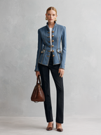 Tailored Denim Military Jacket With Stand Collar