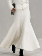 Elegant Ivory Fuzzy Knit V-Neck Cardigan And Fishtail Maxi Skirt Set