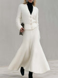Elegant Ivory Fuzzy Knit V-Neck Cardigan And Fishtail Maxi Skirt Set