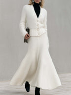 Elegant Ivory Fuzzy Knit V-Neck Cardigan And Fishtail Maxi Skirt Set