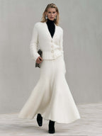 Elegant Ivory Fuzzy Knit V-Neck Cardigan And Fishtail Maxi Skirt Set