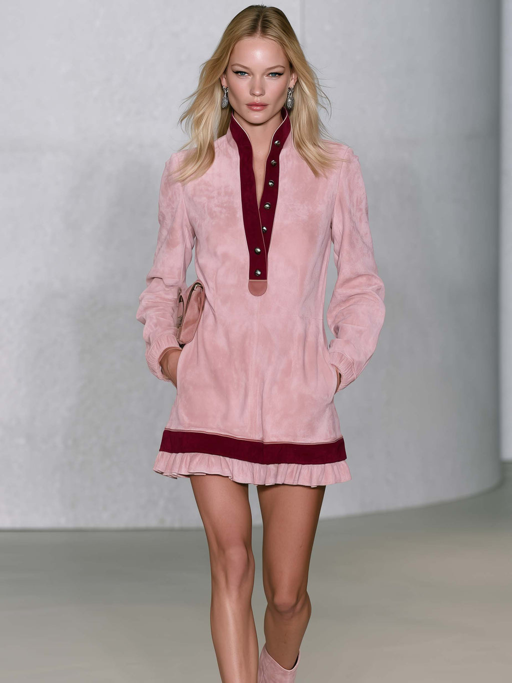 Retro Western Pink Suede Stand Collar Snap-Button Long Sleeve Mini Dress
