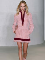 Retro Western Pink Suede Stand Collar Snap-Button Long Sleeve Mini Dress