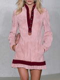 Retro Western Pink Suede Stand Collar Snap-Button Long Sleeve Mini Dress