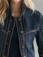 Women’s Cropped Navy Denim Jacket With Contrast Stitching