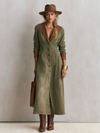 Olive Button Front Maxi Shirt Dress With Contrast Collar