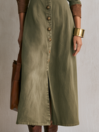 Olive Button Front Maxi Shirt Dress With Contrast Collar