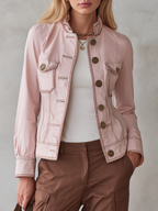Blush Pink Military Jacket With Contrast Stitching And Gold Buttons