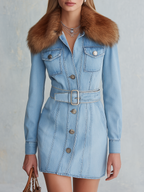 Light Blue Belted Denim Mini Dress With Faux Fur Collar