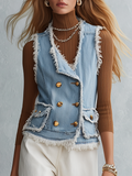 Light Blue Frayed Denim Vest With Gold Button Front