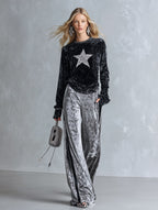 Chic And Casual Black Sequin Star Top And Grey Wide-leg Trousers Velvet Set