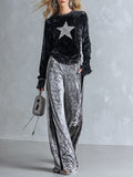 Chic And Casual Black Sequin Star Top And Grey Wide-leg Trousers Velvet Set