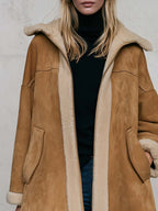 Casual Oversized Vintage Camel Suede Shearling Hooded Midi Coat Women