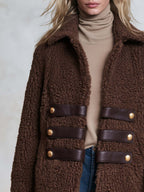 Retro Chic Brown Teddy Sherpa Fleece Notched-Collar Gold-Button Leather-Strap Military Jacket