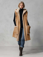 Rustic Western Camel Faux Shearling Hooded Sleeveless Longline Suede Vest