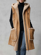 Rustic Western Camel Faux Shearling Hooded Sleeveless Longline Suede Vest