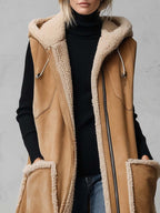 Rustic Western Camel Faux Shearling Hooded Sleeveless Longline Suede Vest