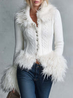 Vintage Fitted Button-Front Faux Fur Collar Cuff Cable Knit Cardigan