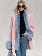 Elegant Pink Chunky Knit Blue Faux Fur Trim Shawl-Collar Cardigan