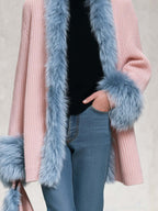 Elegant Pink Chunky Knit Blue Faux Fur Trim Shawl-Collar Cardigan