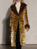 Vintage Elegant Velvet Print Faux Fur Coat, Chic Winter Statement Outerwear