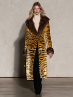 Vintage Elegant Velvet Print Faux Fur Coat, Chic Winter Statement Outerwear