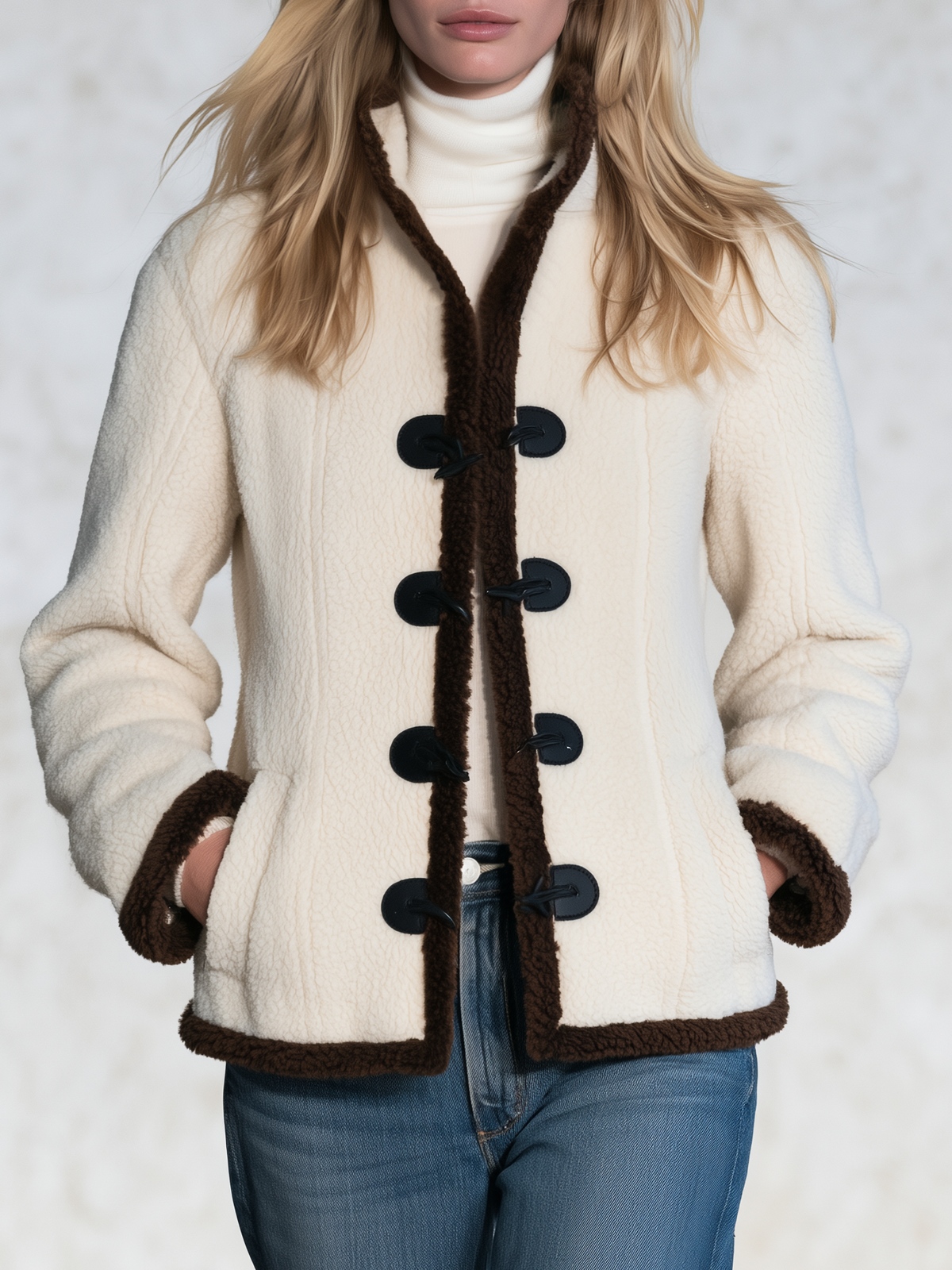 Womens Vintage-Style Elegant Color-Block Fleece Jacket With Stand Collar