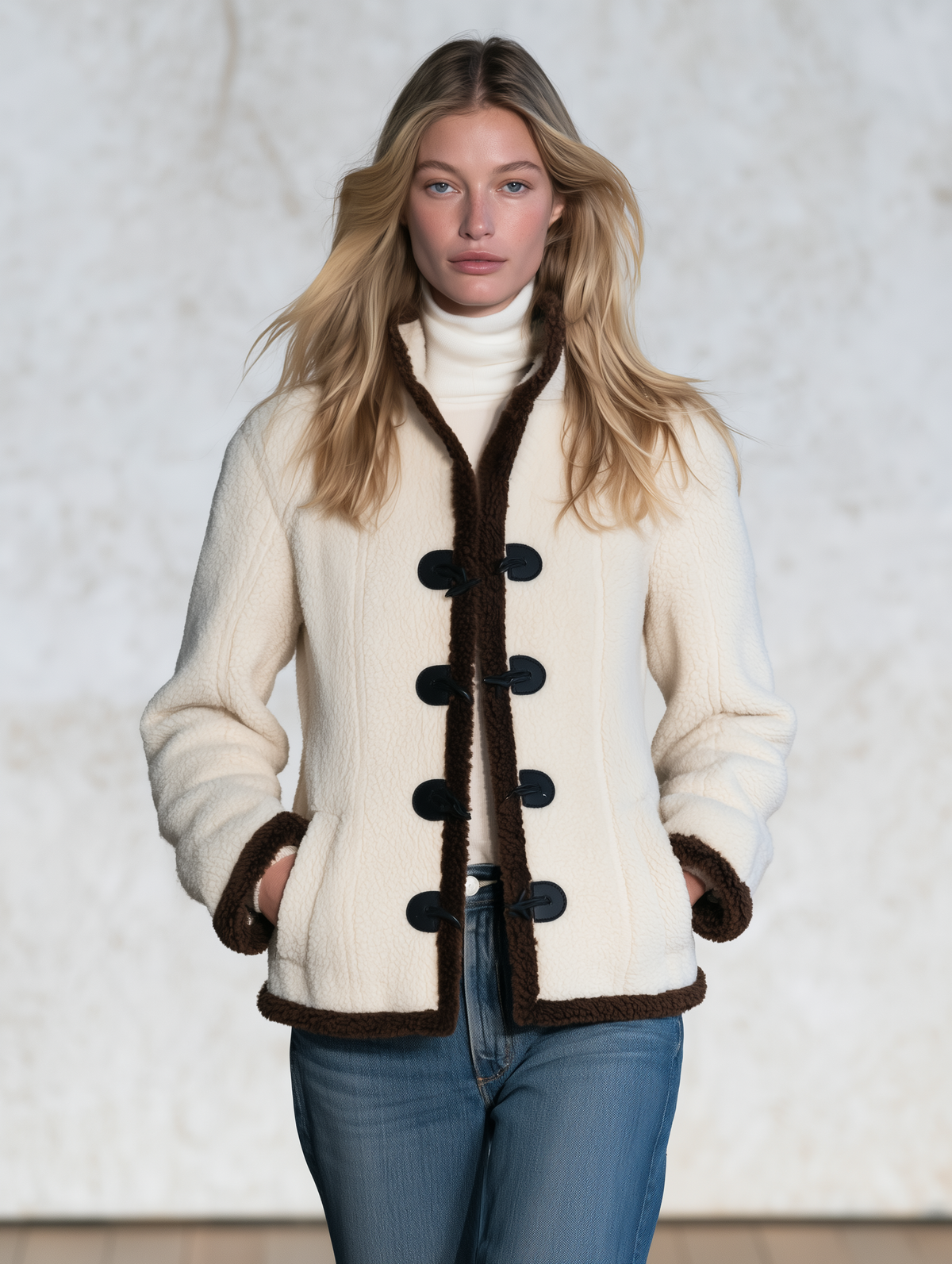 Womens Vintage-Style Elegant Color-Block Fleece Jacket With Stand Collar
