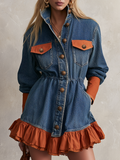Blue Denim Ruffle Hem Button Front Mini Dress