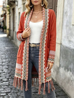 [Bohemian Fringed Cardigan Coat] American Western Bohemian Fringed Cardigan Women'S Retro Color-Block Geometric Pattern Hem Fringed Design Mid-Length Ethnic Style Coat