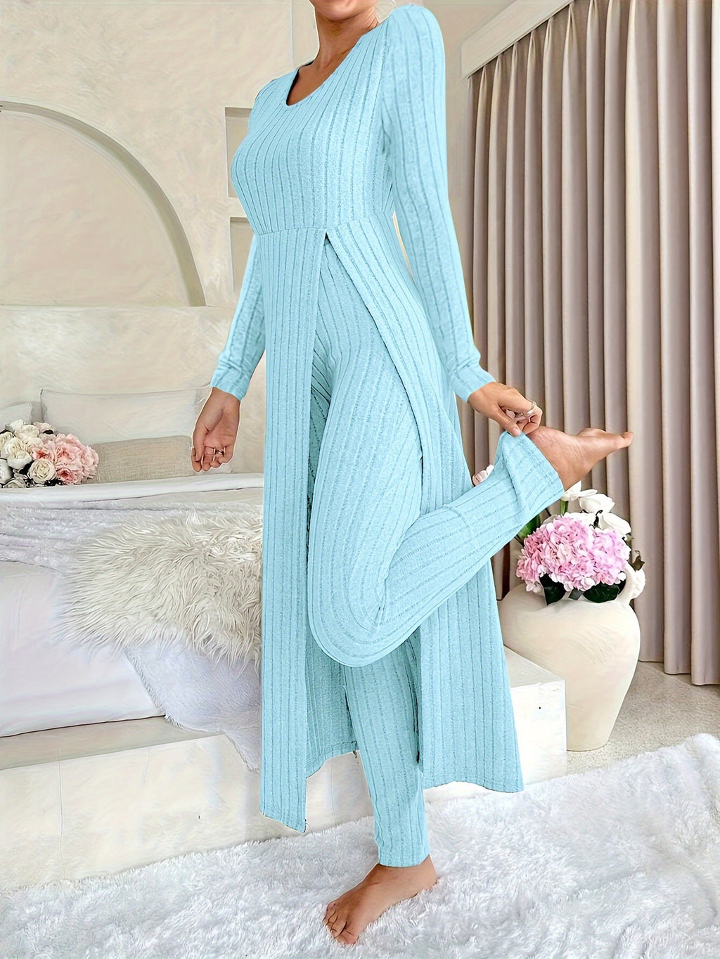 [Designer Ribbed Set] Women's Ribbed 2pcs Set | Designer Round Neck Split Long Sleeve Top and Pants for Spring and Autumn