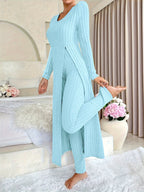 [Designer Ribbed Set] Women's Ribbed 2pcs Set | Designer Round Neck Split Long Sleeve Top and Pants for Spring and Autumn