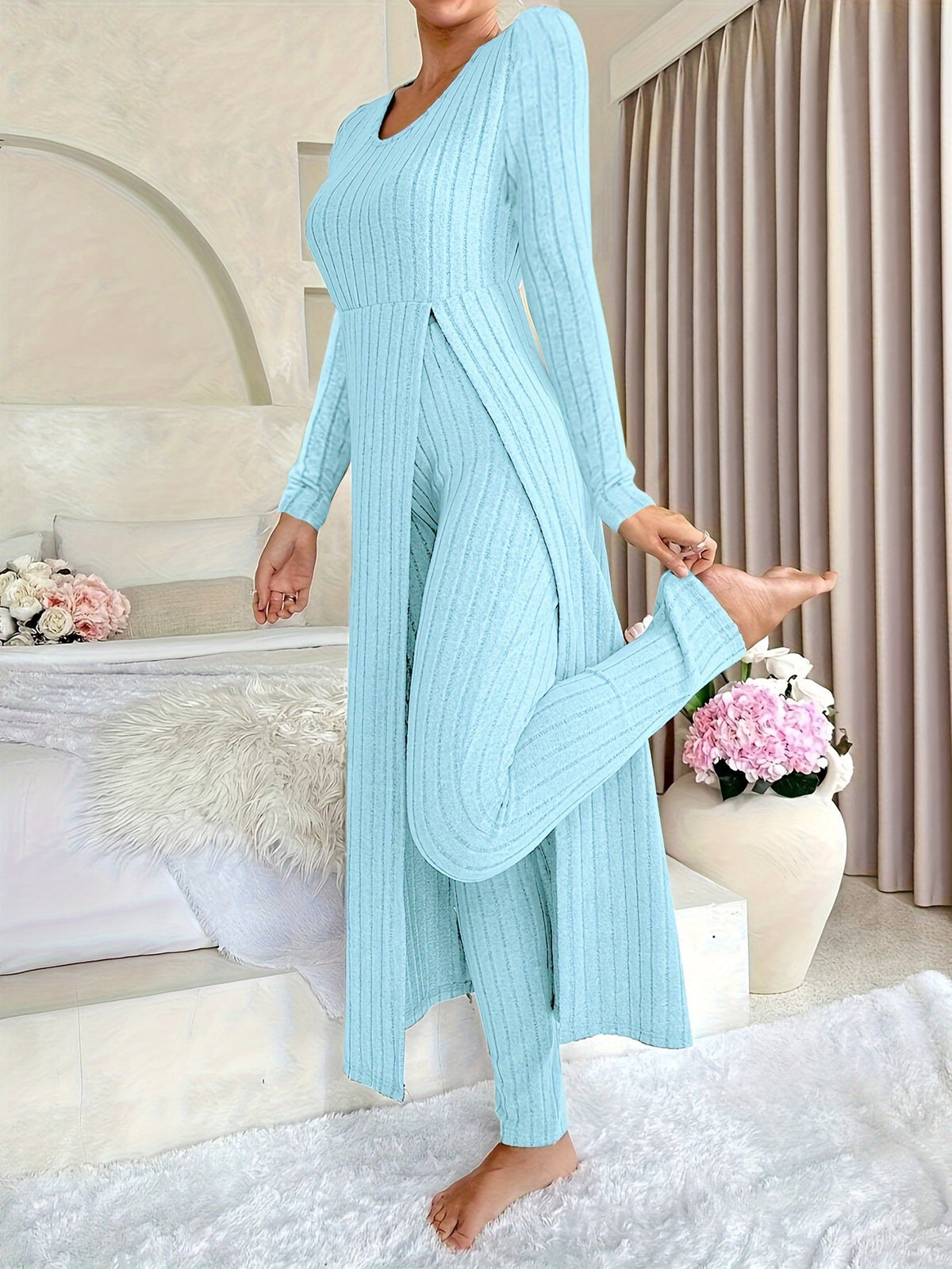 [Designer Ribbed Set] Women's Ribbed 2pcs Set | Designer Round Neck Split Long Sleeve Top and Pants for Spring and Autumn